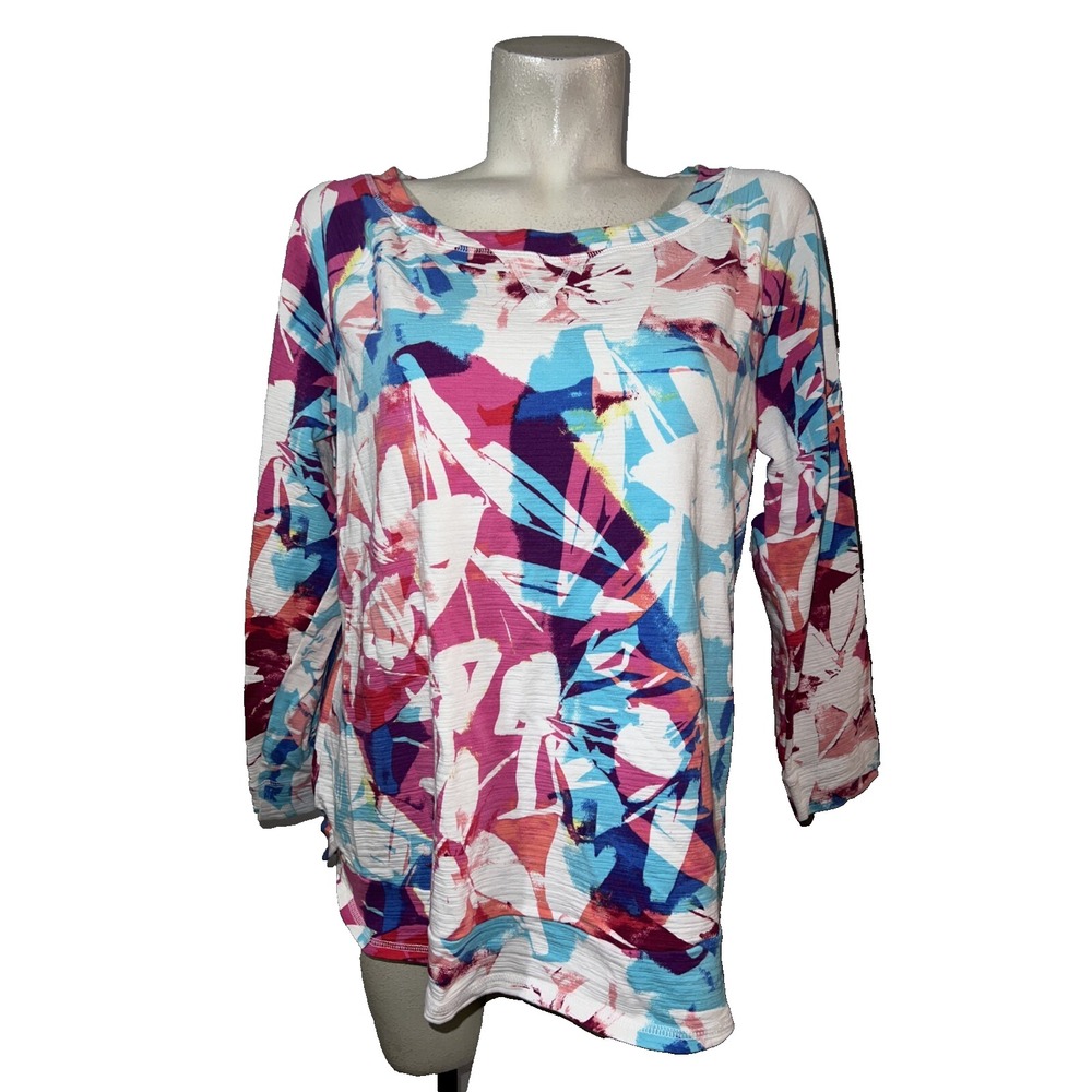 T by Talbots Top 1X Colorful Cozy Crush Tulip Hem Floral UPF 50 Pullover Womens